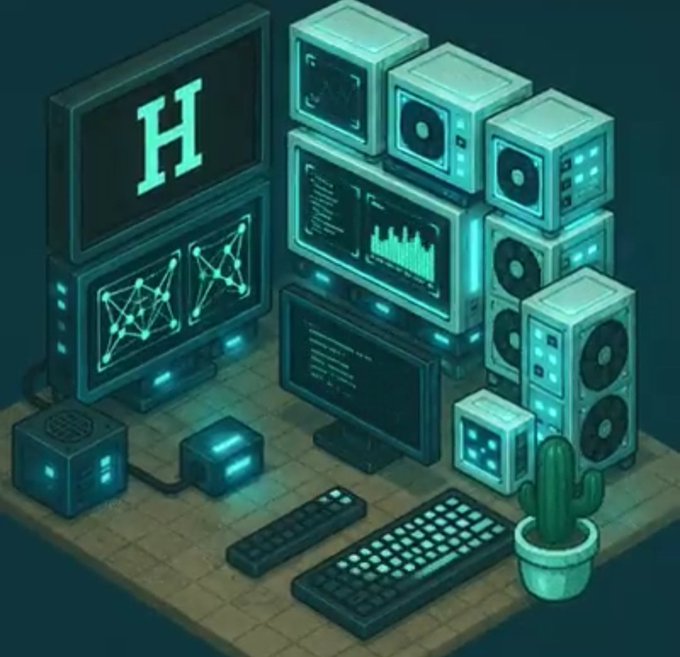 An isometric digital illustration depicts a futuristic computer setup with multiple monitors displaying an 'H', network graphs, and coding interfaces, accompanied by computer towers, a keyboard, and a small potted cactus.