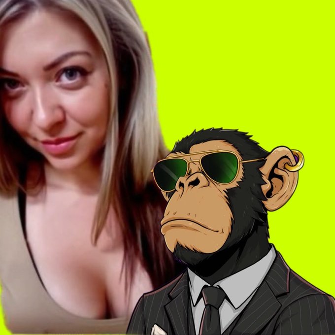 A composite image showing a blonde woman smiling on the left against a bright green background, alongside a cartoon chimpanzee wearing sunglasses and a suit.