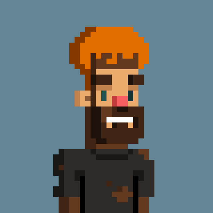 A pixel art portrait of a bearded man with orange hair wearing a black shirt against a solid blue background.