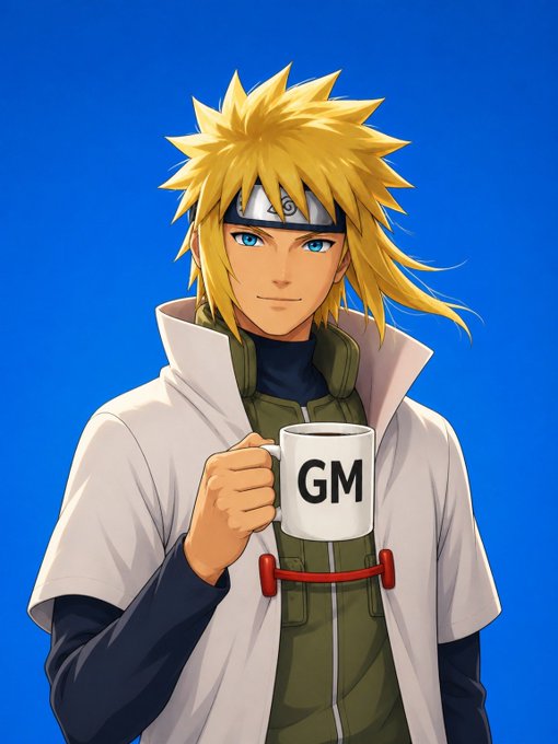 An anime-style illustration of a blonde character resembling Naruto wearing a white Hokage cloak, holding a white mug labeled 'GM' against a blue background.