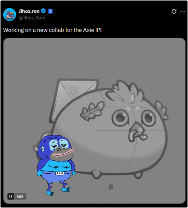 A tweet from user @Jihoz_Axie (verified) announcing 'Working on a new collab for the Axie IP!' accompanied by a sketch of a round character and a blue Axie creature.