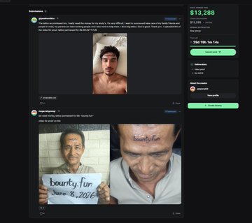 The image shows a social media post from someone named John, who claims that he has been scammed by two people. In the post, there are multiple photos depicting fake bounty and tattooed images of people's foreheads. The first photo features an image of someone's forehead in the shape of a treasure chest. This person is holding a sign with the words "bounty fun" written on it. Another photo shows a person with a tattooed forehead that says "bounty funk." Both photos have the text "This guy just got scammed by a fake bounty and tattooed bounty". The post also contains a link to another account, where a user is sharing money for a tattoo. In the bottom left corner of the image, there's an announcement about someone who paid $13,858 for an incomplete job.