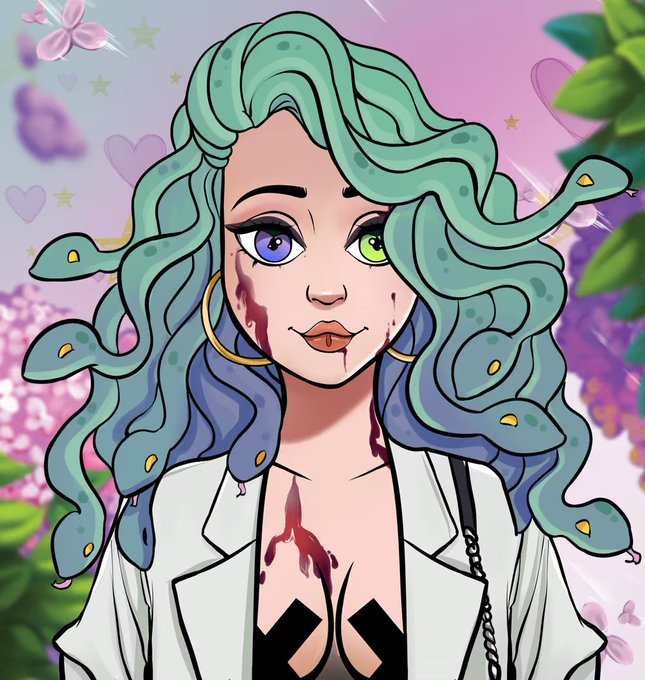 A digital illustration of a female character with snake-like teal and purple hair (Medusa-inspired), heterochromia, and blood dripping from her eye and chest, set against a pink heart-patterned background.