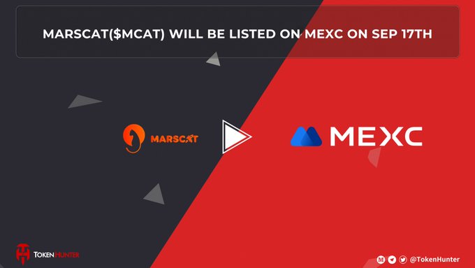 A promotional graphic announcing 'MARSCAT ($MCAT) WILL BE LISTED ON MEXC ON SEP 17TH,' featuring the MarsCat and MEXC logos with Token Hunter branding.
