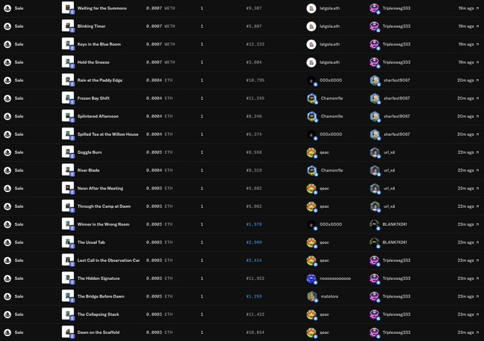 A screenshot of an NFT marketplace activity log displaying multiple sales of items like 'Waiting for the Summons', 'Blinking Timer', and 'River Blade' priced in XETH.