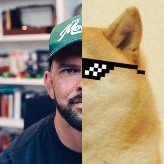 A split image showing a bearded man wearing a green 'No' cap on the left and a doge/shiba inu dog wearing pixelated 'deal with it' sunglasses on the right.
