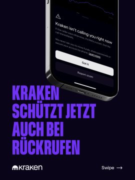 An advertisement displays a smartphone with a scam warning notification and text reading 'Kraken isn't calling you right now' alongside 'KRAKEN SCHÜTZT JETZT AUCH BEI RÜCKRUFEN'.