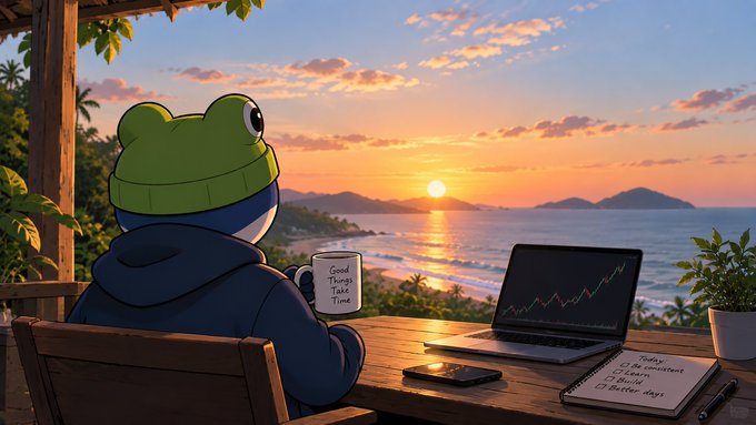 An AI-generated illustration of a frog wearing a knit hat and hoodie sitting at a wooden desk with a laptop showing a stock chart, a 'Good Things Take Time' mug, and a notebook, watching a sunset over a tropical beach.