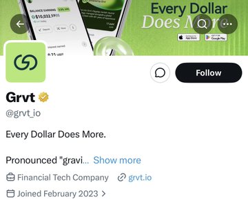 The image shows the LinkedIn profile page of Grvt (@grvt_io), a financial tech company that joined in February 2023, with the tagline "Every Dollar Does More" and the pronunciation note "gravee." The post contrasts the original $540M VC investment valuation of GRVT in September 2025 with its current ~$90M pre-market trading valuation, highlighting significant losses for VCs—further illustrated by the similar drop in Reya's valuation from $150M to illustrate that venture capital investments don't always yield returns.