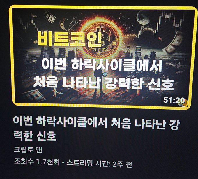 A Korean YouTube video thumbnail with the title '비트코인 이번 하락사이클에서 처음 나타난 강력한 신호' (Bitcoin strong signal appearing for the first time in this bearish cycle), showing a 51:20 video length, 1.7 thousand likes, and uploaded 2 weeks ago.