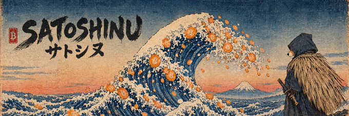 A stylized Japanese ukiyo-e inspired banner featuring a towering wave adorned with Bitcoin logos instead of foam, with a straw-hooded figure resembling traditional Japanese art observing the scene. The text 'SATOSHINU' and Japanese characters 'サトシヌ' are prominently displayed alongside a Bitcoin 'B' logo.