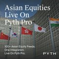 A financial thumbnail titled "Asian Equities Live On Pyth Pro" with flags of South Korea, Hong Kong, Japan, and India, promoting B2G Asian Equity Feeds integration via Pyth Pro.