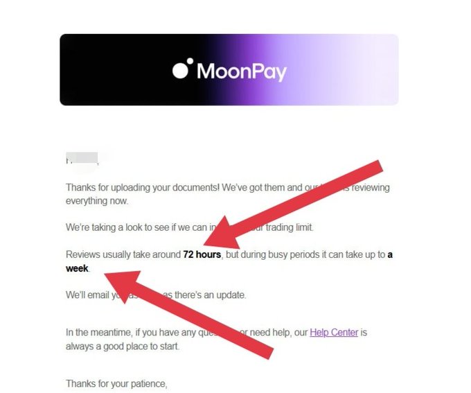 A screenshot of a MoonPay email showing a customer service response stating "Reviews usually take around 72 hours, but during busy periods it can take up to a week," with red arrows highlighting the 72-hour wait time for KYC approval, supporting claims that MoonPay's verification process delays crypto distributions.