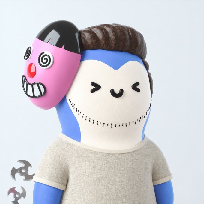 The image shows a blue-skinned vinyl figure with brown slicked hair, a stitched smile, and a removable pink mask with a hypnotic spiral-eye expression, dressed in a simple beige t-shirt against a white background. The figure visually parallels the post's lesson about not marrying your bags—by holding the mask away from its face, it illustrates the discipline of detaching from emotions and looking beyond the hype or "face" of a trade. The accompanying tag "Don't marry your bags" suggests the figure's masked, ever-changing persona serves as a metaphor for not getting too attached to any single position in the market.