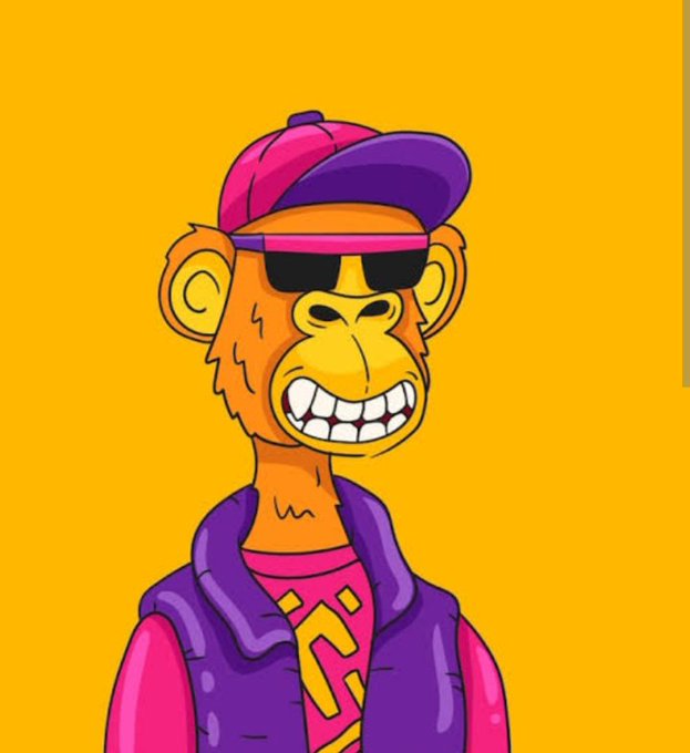 A cartoon-style orange monkey wearing a purple and pink cap, sunglasses, and a purple vest grins against a yellow background, evoking a hip-hop Bored Ape aesthetic. The image ties to the post's theme of NFT resurgence, using the iconic primate NFT character to humorously suggest that Robinhood's potential involvement is "monkeying around" with the NFT market's revival.