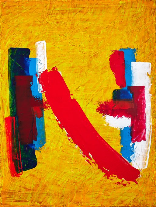 An abstract painting featuring a large, diagonal red brushstroke across a vibrant yellow background, flanked by vertical rectangular forms in blue, green, and white.