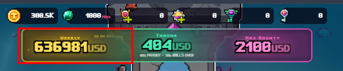 A game interface showing a Weekly reward of 636,981 USD highlighted in red, with Throne of 404 USD and Max Bounty of 2,100 USD displayed alongside.
