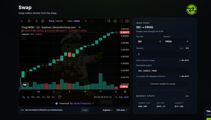 Cryptocurrency swap interface showing a chart for Frog/WSEI (Frog on Saphyre/GeckoTerminal) with a swap panel exchanging SEI to FROG tokens.