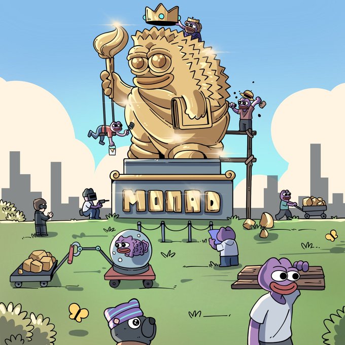 A colorful cartoon illustration featuring a large golden statue of an anthropomorphic toad holding a brush, surrounded by various characters, with a monument reading 'MONAD' in the center.