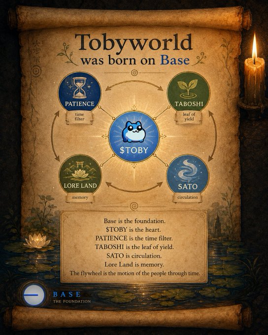 The image features a poster with a scroll-style design, displaying information about Tobyworld and its creator. The poster includes text elements such as "Tobyworld was born on Base" and "#Tobyworld", along with illustrations of a blue frog, a candle, and a clock. The poster also contains the names "Tobysworld" and "Base". The image is accompanied by a caption that reads "Focus on what is in the image and how it relates to the post."
