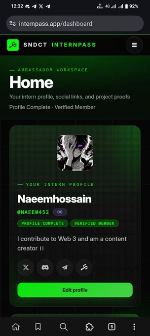 A mobile screenshot of the Internpass dashboard showing user 'Naeemhossain' (@NAEEM452) with a green color scheme, displaying an anime profile picture, 'Profile Complete' and 'Verified Member' badges, and social media icons for X, Discord, Telegram, and a link icon.