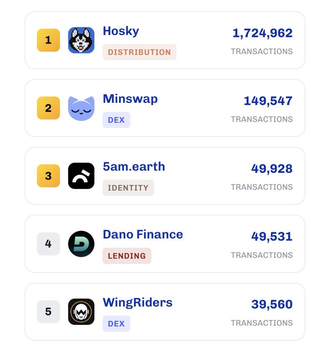 A leaderboard lists top crypto projects by transaction count, ranking Hosky (1,724,962), Minswap (149,547), 5am.earth (49,928), Dano Finance (49,531), and WingRiders (39,560).