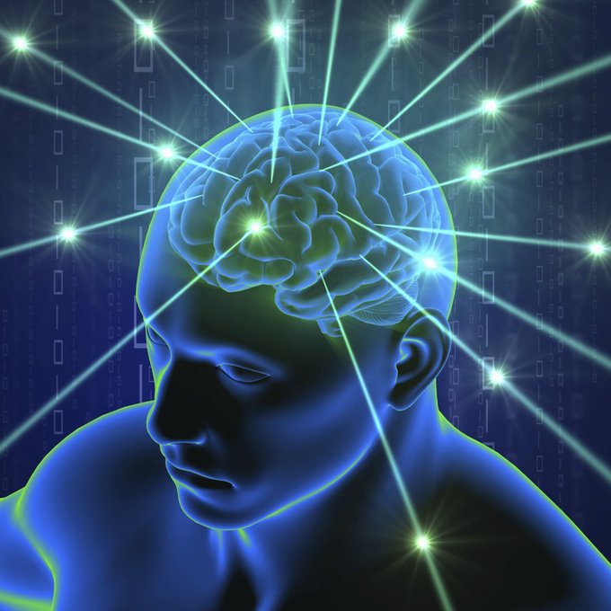 A digital artwork depicts a glowing blue human head and visible brain, with bright green light beams radiating outward from various points of the brain into a dark blue digital space.
