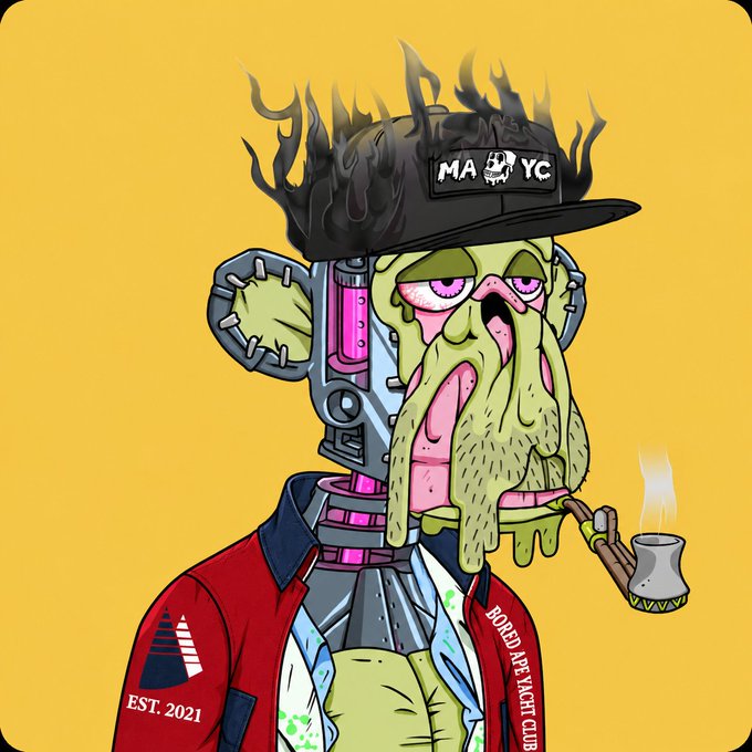 A cartoon illustration of a zombie-like character with green oozing skin wearing a black 'MAYC' cap, a red jacket marked 'EST. 2021' and 'BORED APE YACHT CLUB,' smoking a pipe, against a yellow background.