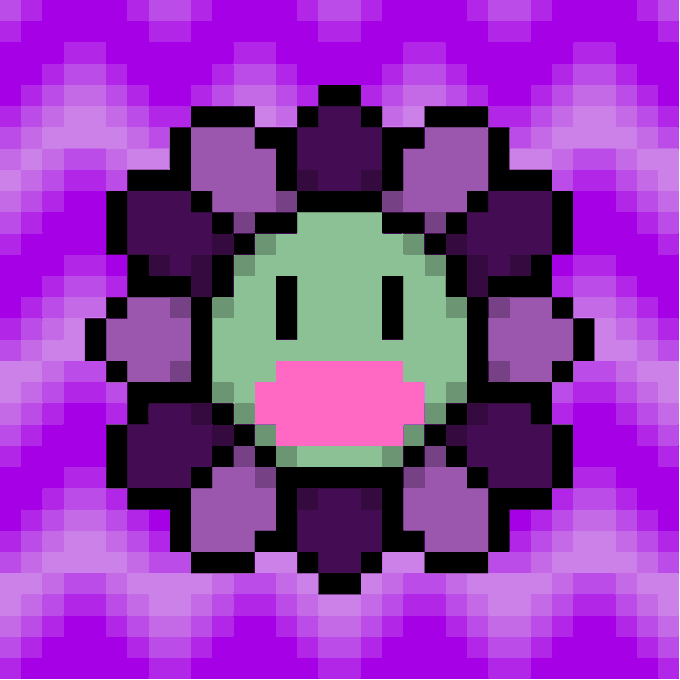 A pixel art image featuring a light green face with vertical black line eyes and a pink rectangular mouth, surrounded by a purple flower-like shape against a checkered purple background.