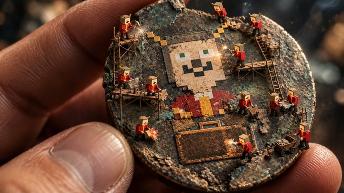A hand holds a coin featuring miniature pixel-art figures constructing a Super Mario character on scaffolding.