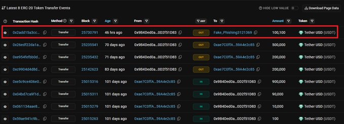 The image shows a blockchain transaction explorer highlighting a $100,100 USDT transfer from address 0x9f4D...d0251083 to a "Fake_Phishing" scammer address (0x2ad615a3cc...), illustrating the address poisoning attack referenced in the post where a victim lost $100,000 by sending funds to a spoofed address.