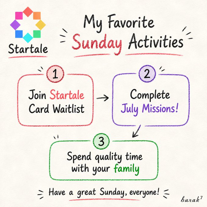 A colorful hand-drawn infographic titled 'My Favorite Sunday Activities' by Startale, listing steps: join Startale Card Waitlist, complete July Missions, and spend quality time with family.