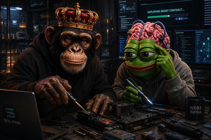 The image features two cartoon characters - a monkey wearing a crown and another character with a brain, both sitting at a desk surrounded by various computer parts and tools. The monkey appears to be working on fixing or upgrading some of these components while the other character is observing or assisting in the process.