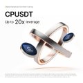 A futuristic promotional graphic advertises "$CPUSDT" with text claiming "Up to 20x leverage," featuring a sleek metallic infinity-loop device with glowing blue nodes, visually representing Cluster Protocol's new AI infrastructure token now available for perpetual trading on Bybit.