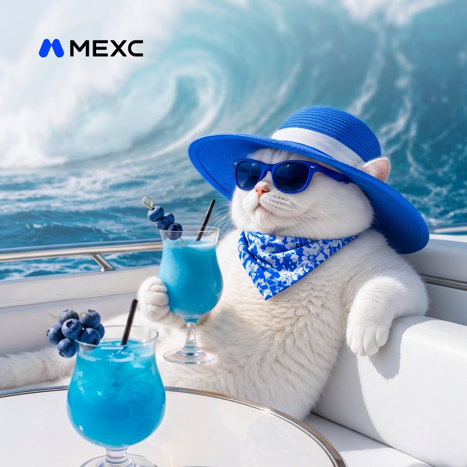 A MEXC-branded image shows a white cat wearing a blue sun hat, sunglasses, and a blue bandana, relaxing on a boat while holding a blue cocktail garnished with blueberries.