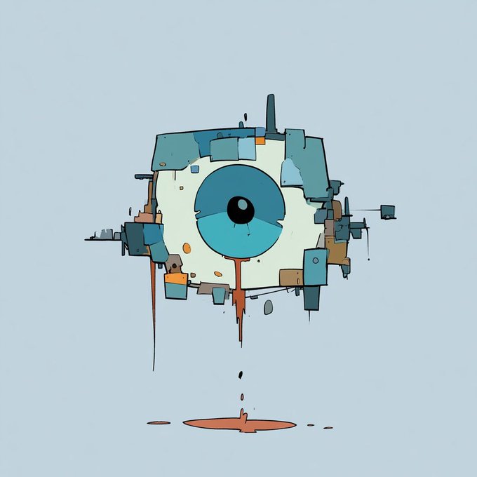 The image features a stylized, cartoonish floating eyeball-shaped construct made of scrap metal panels, with a brown liquid dripping from its pupil onto a small puddle below. It visually echoes the post's "wasteland" theme, suggesting a relic-like artifact from a post-apocalyptic world where hidden ETH royalties are concealed inside, as referenced in the accompanying caption.