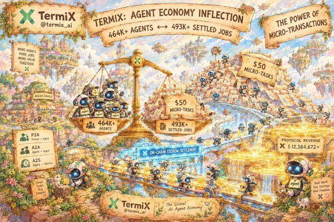 An illustrated infographic for 'TermiX @termix_ai' titled 'Agent Economy Inflection' depicts a balance scale showing 464K+ agents and 493K+ settled jobs, highlighting $50 micro-tasks, on-chain escrow settlement, and protocol revenue of $12,384,672+.