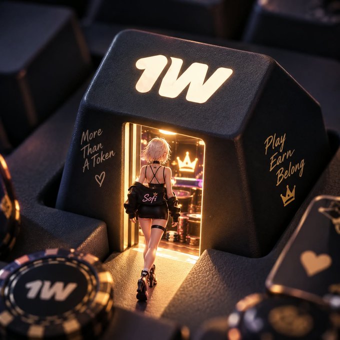 A 3D-rendered promotional image showing a female character named 'Sofi' walking through a glowing doorway on a black keycap labeled '1W', with text reading 'More Than A Token' and 'Play Earn Belong'.