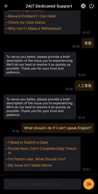The image shows a support chat where a user asks, "What should I do if I can't speak English?", visually proving the text's claim that Bybit is the only Chinese exchange without Chinese customer service.
