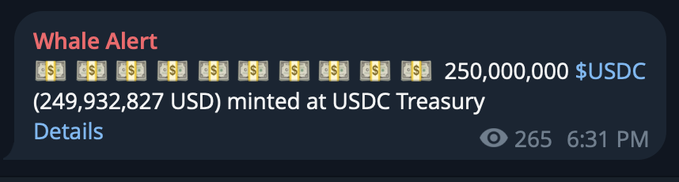 The image shows a screenshot of an email message with a list of money amounts, including $250,000 USDC. The text indicates that there are multiple transactions involving this amount, possibly related to cryptocurrency or digital assets. The email also mentions that the transaction is happening at the USDC Treasury and has been minted on @solana Rolling week.