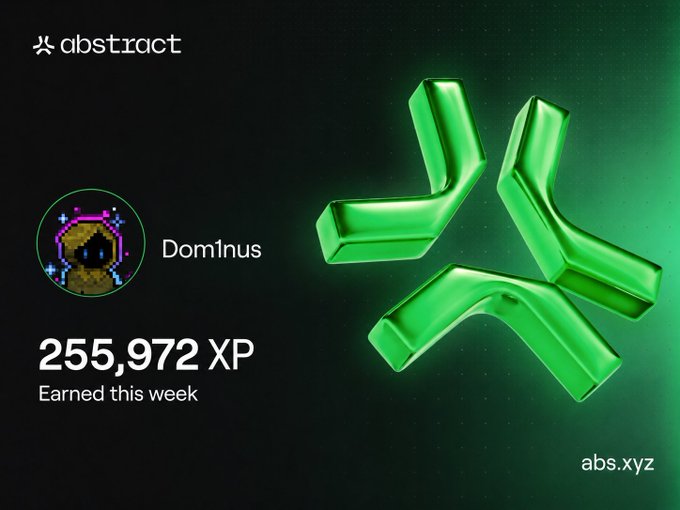 The image features a poster with a green arrow pointing towards a person's name at the top of the poster. The text "Happy XP day on @AbstractChain" is written below the arrow, indicating that this week has been designated as happy XP day for the user named @Abstract Chain. The poster also includes a graphic of three green arrows arranged in a triangle shape and the words "Empowered this week".