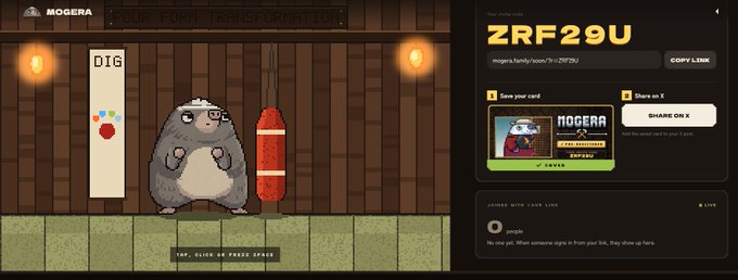 A digital interface displays a Mogera NFT card labeled 'ZRF29U' with a pixel-art mole character in a game setting.