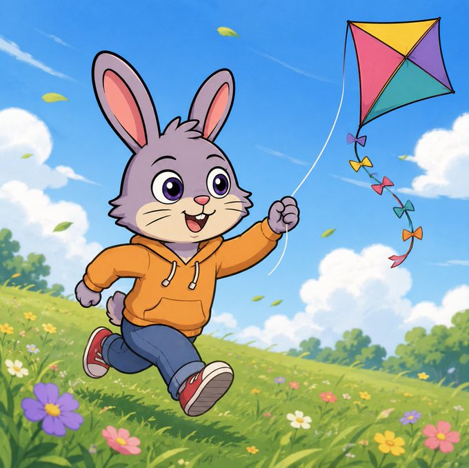 A cheerful cartoon bunny in an orange hoodie joyfully runs through a sunny meadow while flying a colorful kite. The carefree, playful scene perfectly captures the lighthearted, hop-into-fun spirit of the upcoming $HOPSI memecoin launch on Solana.