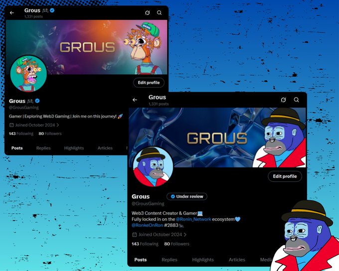 The image features a Twitter profile for the gaming company Grous that has been updated. The profile showcases two posts - one featuring a monkey wearing a top hat and another showing a man with a hat and glasses. These posts are part of an advertisement for Grous, as indicated by the text on the screen. The post also contains a link to the Grous social media page, which is displayed in the bottom right corner of the image.
