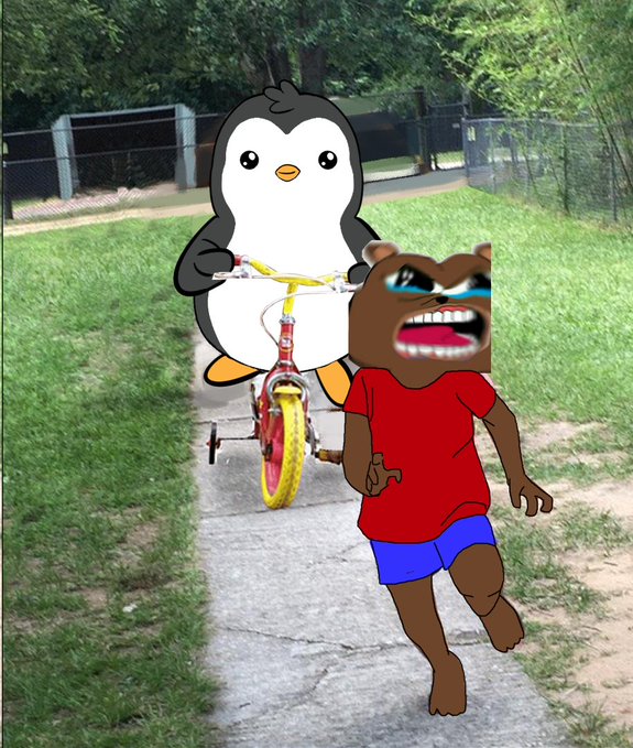 A digital meme composite shows a cartoon penguin on a yellow bicycle with a cartoon character in a red shirt and blue shorts running alongside on a path.