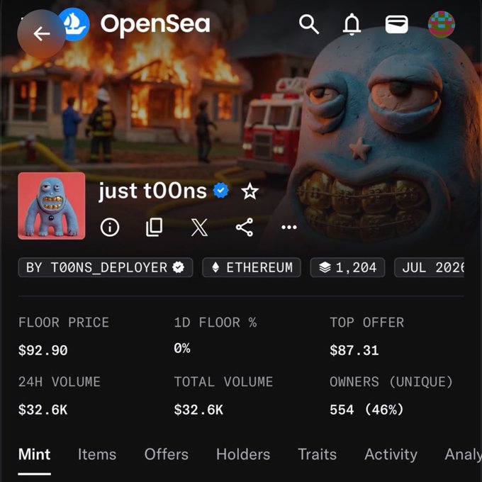 OpenSea page for the 'just t00ns' NFT collection on Ethereum, showing a floor price of $92.90, top offer of $87.31, and 24H volume of $32.6K.