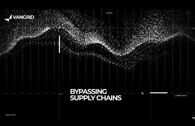 A dark data visualization graphic with scattered white dots resembling a landscape is labeled 'VANGRID' and features the text 'BYPASSING SUPPLY CHAINS' alongside 'SPATIAL DATA' and '// SPATIAL DATA //'.