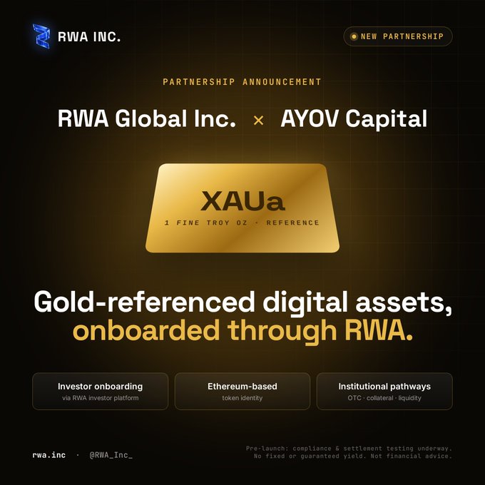 Partnership announcement graphic from RWA INC. showing a collaboration between RWA Global Inc. and AYOV Capital for the gold-referenced token XAUa (1 Fine Troy Oz), highlighting investor onboarding, Ethereum-based token identity, and institutional pathways.
