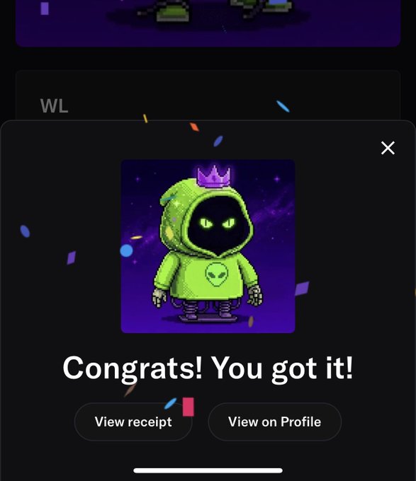 A mobile app popup displays "Congrats! You got it!" alongside a cartoon alien character wearing a green hoodie with an alien face logo and a purple crown, with buttons to "View receipt" and "View on Profile," celebrating the successful minting of 5x LFGG tokens mentioned in the post.