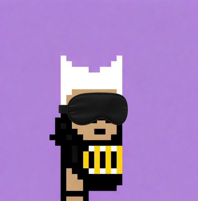 The image features a character wearing a black hat with white ears and a mask over their eyes, giving them a spooky appearance. The character also has a sleep mask covering their eyes, suggesting that they are tired or asleep. The background of the image is purple, which complements the overall theme of the character's outfit.